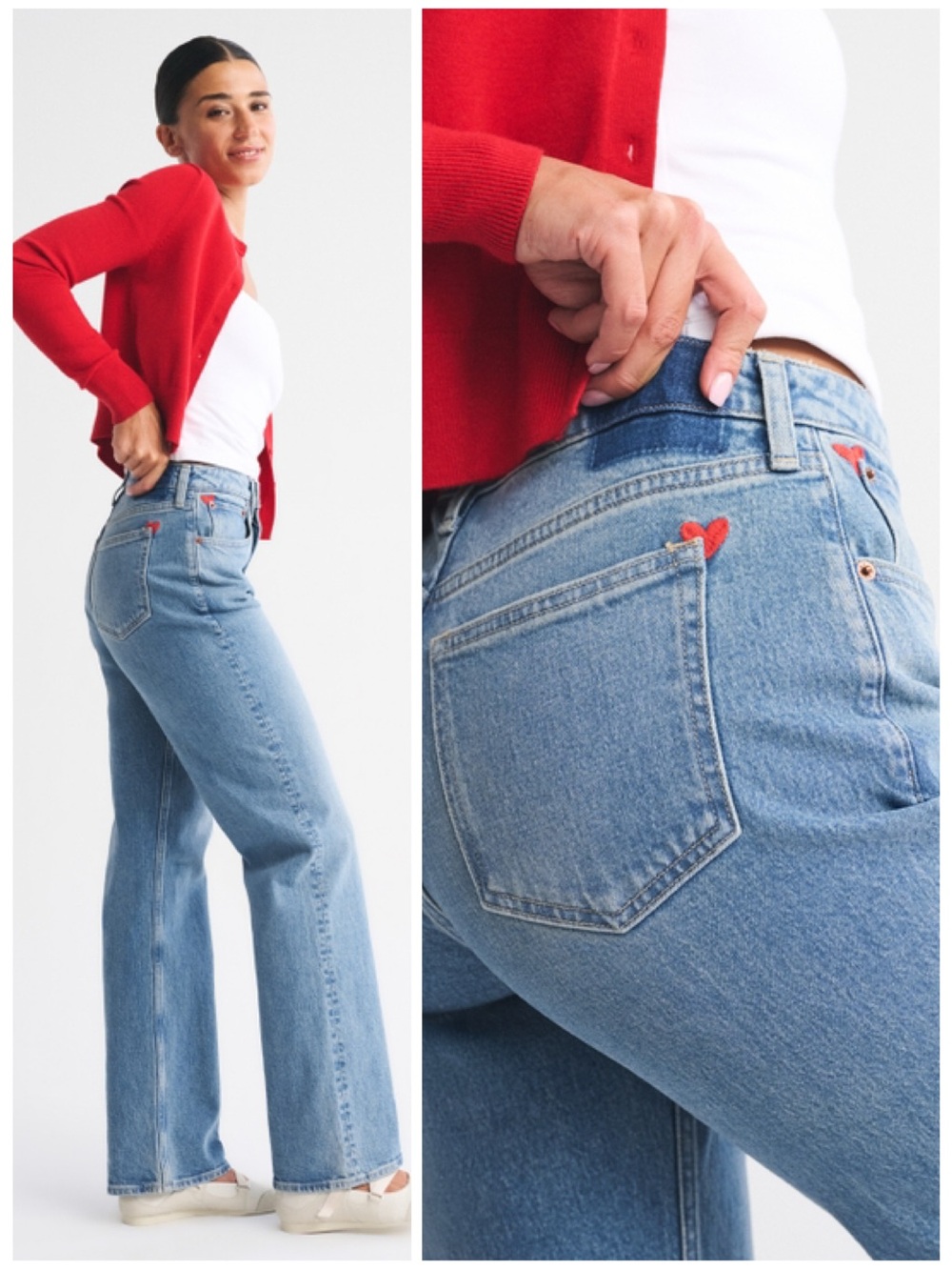 A&F Curve Love Jeans High Rise 90s Relaxed Medium Wash Heart Embroidery 32 Long